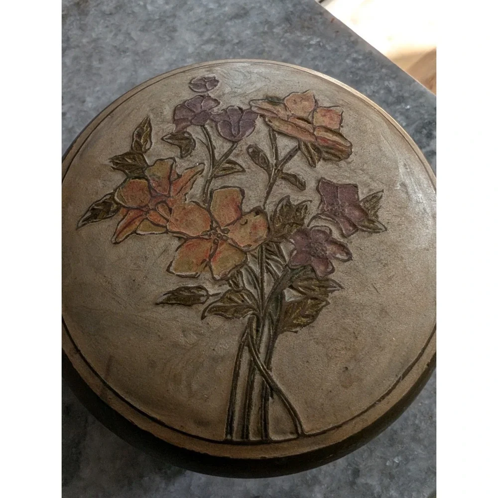 Vintage Cloisonné Brass With Painted Enamel Flower Pattern‎ Round Trinket Box 4